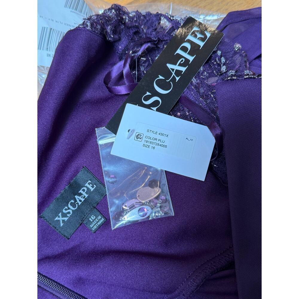 Xscape Evening Dress Plum Lace Draped Formal Beaded Flutter Sleeves Size 16 NWT - Picture 9 of 10